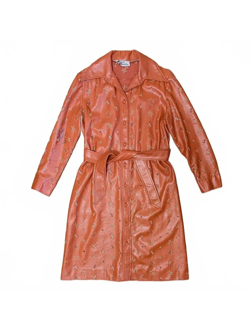 70s Jason David Terracotta Cognac Genuine Leather Embroidered Floral Belted Coat